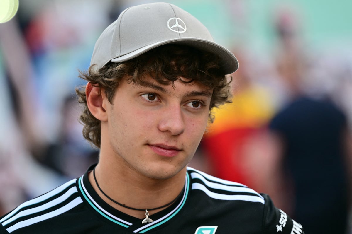 Italian driver Andrea Kimi Antonelli speaks to the media upon his arrival at the Bahrain International Circuit in Sakhir.