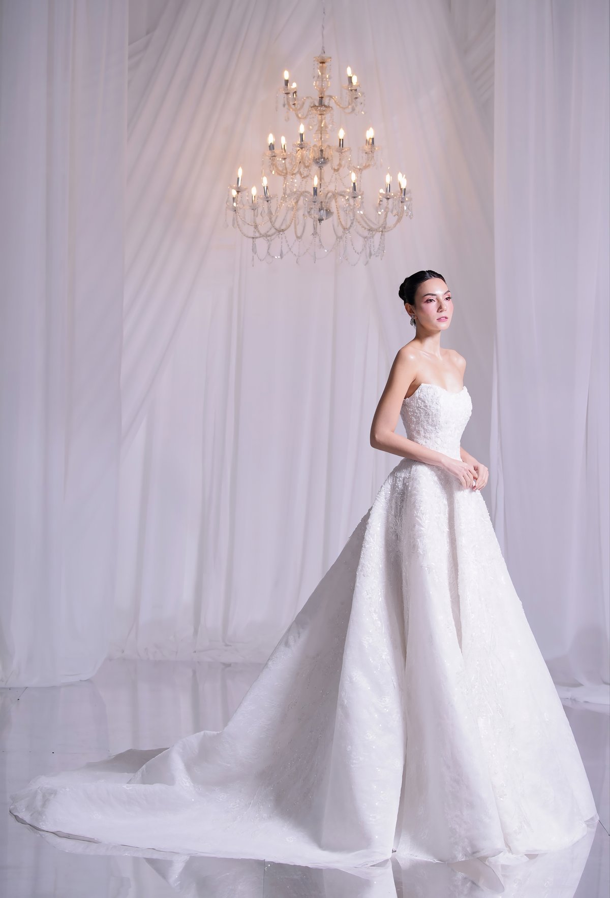 Strapless corseted fully embroidered with french and chantilly lace ball gown.