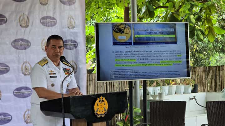 Philippine Navy spokesperson for West Philippine Sea Rear Admiral Roy Vincent Trinidad presenting the forensic analysis of five submersible drones discovered within Philippine waters during a press conference in Camp Aguinaldo, Quezon City on Tuesday, 15 April 2025. (Photo by Lade Kabagani)