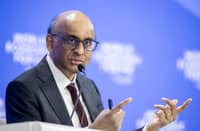 Singapore's President Tharman Shanmugaratnam gestures as he addresses the audience during the annual meeting of the World Economic Forum (WEF) in the Alpine resort of Davos on 24 January 2025.