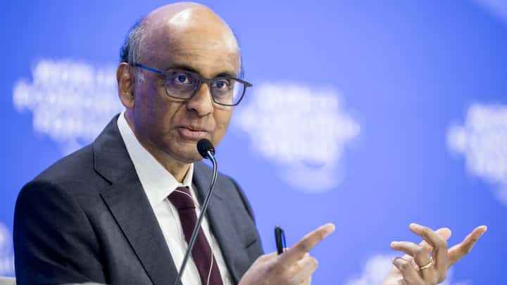 Singapore's President Tharman Shanmugaratnam gestures as he addresses the audience during the annual meeting of the World Economic Forum (WEF) in the Alpine resort of Davos on 24 January 2025.