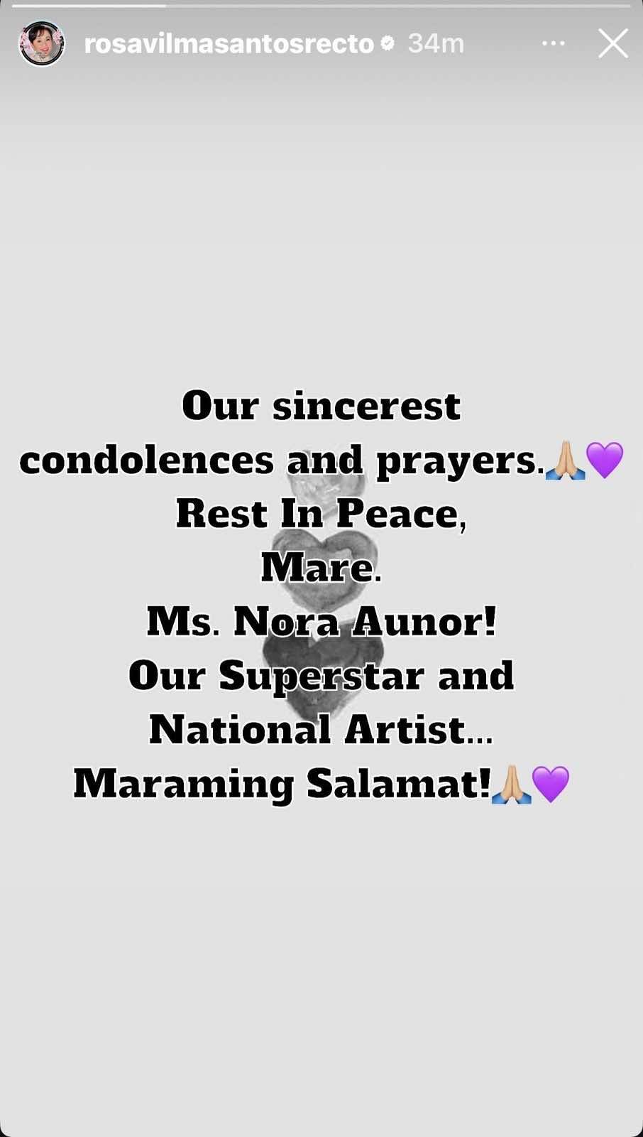 Screenshot of Vilma Santos' Instagram, paying tribute to friend Nora Aunor