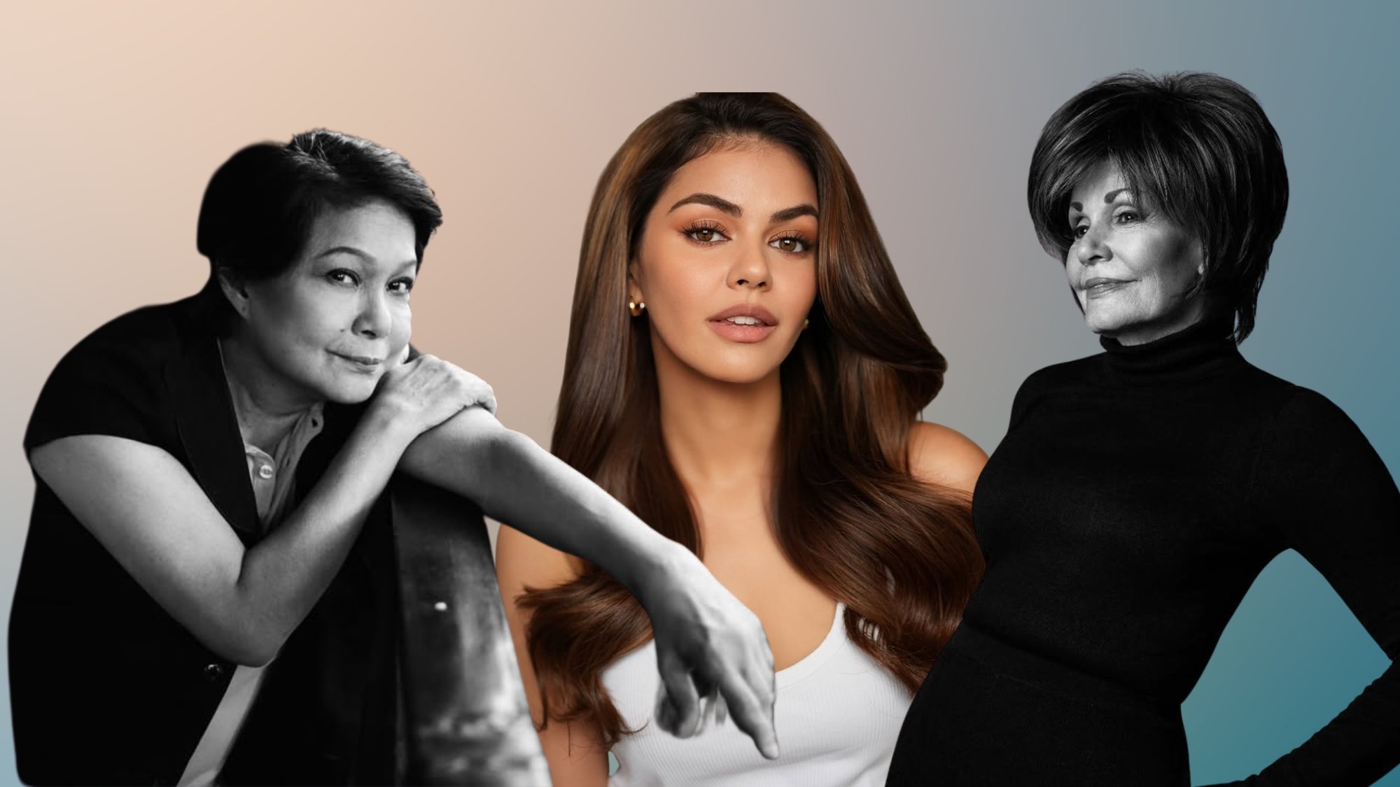 A composite image featuring three prominent Filipina women against a soft gradient background. On the left is a black-and-white photo of Nora Aunor. In the center is a color portrait of Janine Gutierrez with long brown hair and a white tank top. On the right is a black-and-white image of Pilita Corrales wearing a black turtleneck.