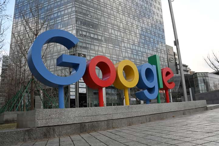 The Google logo displayed outside a building housing the company’s offices.