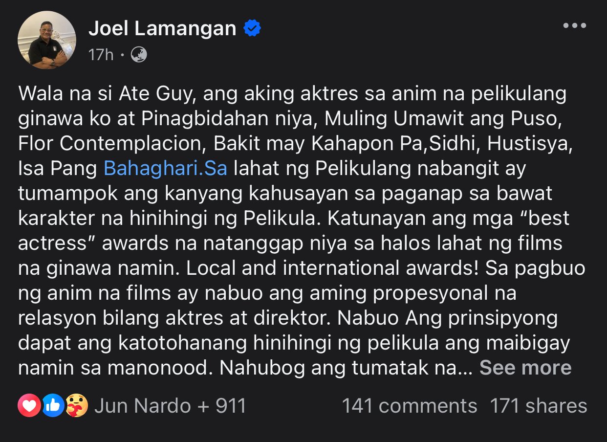 Screen grab Joel Lamangan Facebook