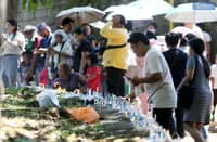 On Good Friday, 18 April 2025, devotees pray at the Station of the Cross at the Our Lady of Lourdes Grotto Shrine in San Jose del Monte, Bulacan. The site is a popular pilgrimage destination during Holy Week.