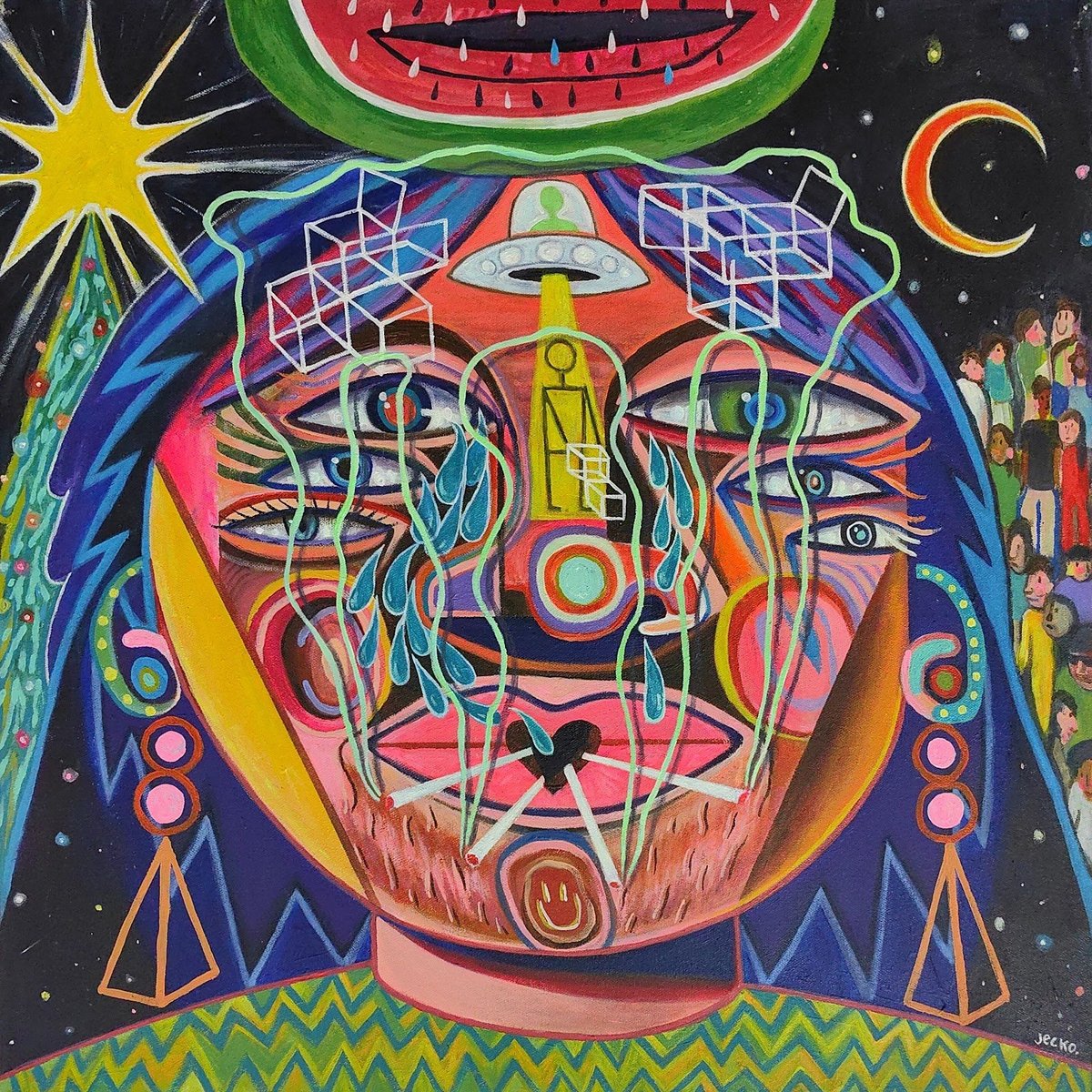 'Get high if you wanna know yourself' by Jecko (acrylic on canvas, 24 by 24 inches, 2025).