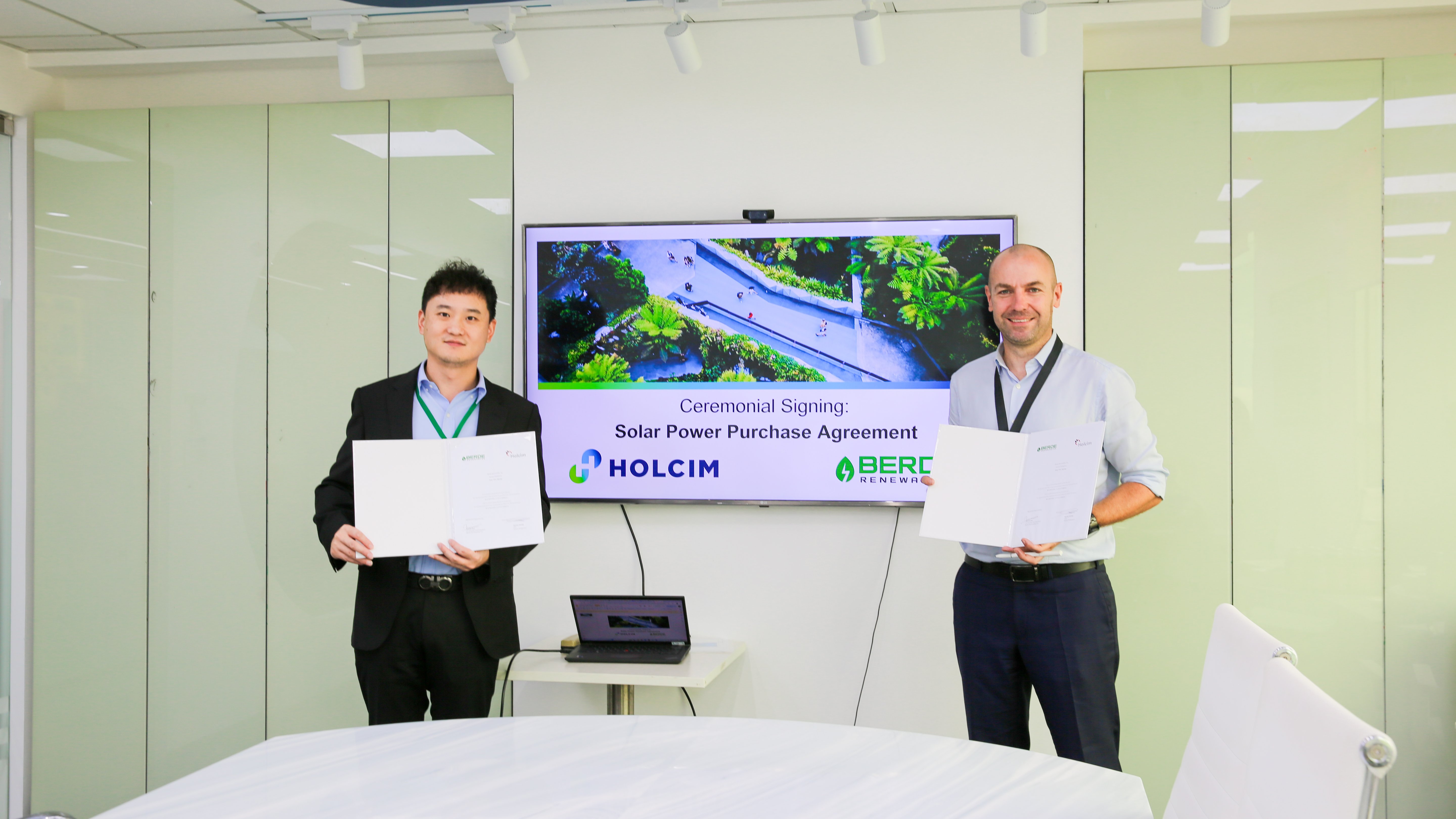 In-Photo (L-R): Patrick Zhu, Co-founder and President of Berde Renewables, Inc., and Nicolas George, President and CEO of Holcim, showed the sealed agreement in the expansion of their partnership for renewable energy projects in Davao City and Misamis Oriental.

Philippines.