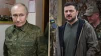 Split image showing Russian President Vladimir Putin in military uniform visiting troops in the Kursk region, and Ukrainian President Volodymyr Zelensky meeting with soldiers in Donetsk.