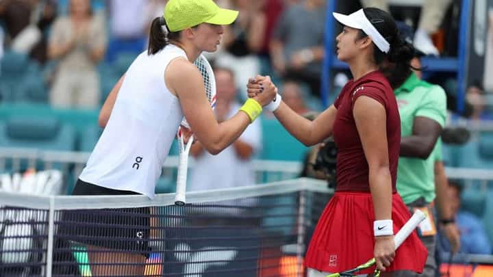 Iga Swiatek of Poland meets Alexandra Eala of the Philippines after losing to her on Day 9 of the Miami Open at Hard Rock Stadium on March 26, 2025 in Miami Gardens, Florida. Al Bello, Getty Images/AFP