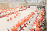 Cardinals line up in the Sistine Chapel to take an oath of secrecy before the start of the conclave to elect a new pope at the Vatican on 12 March 2013.