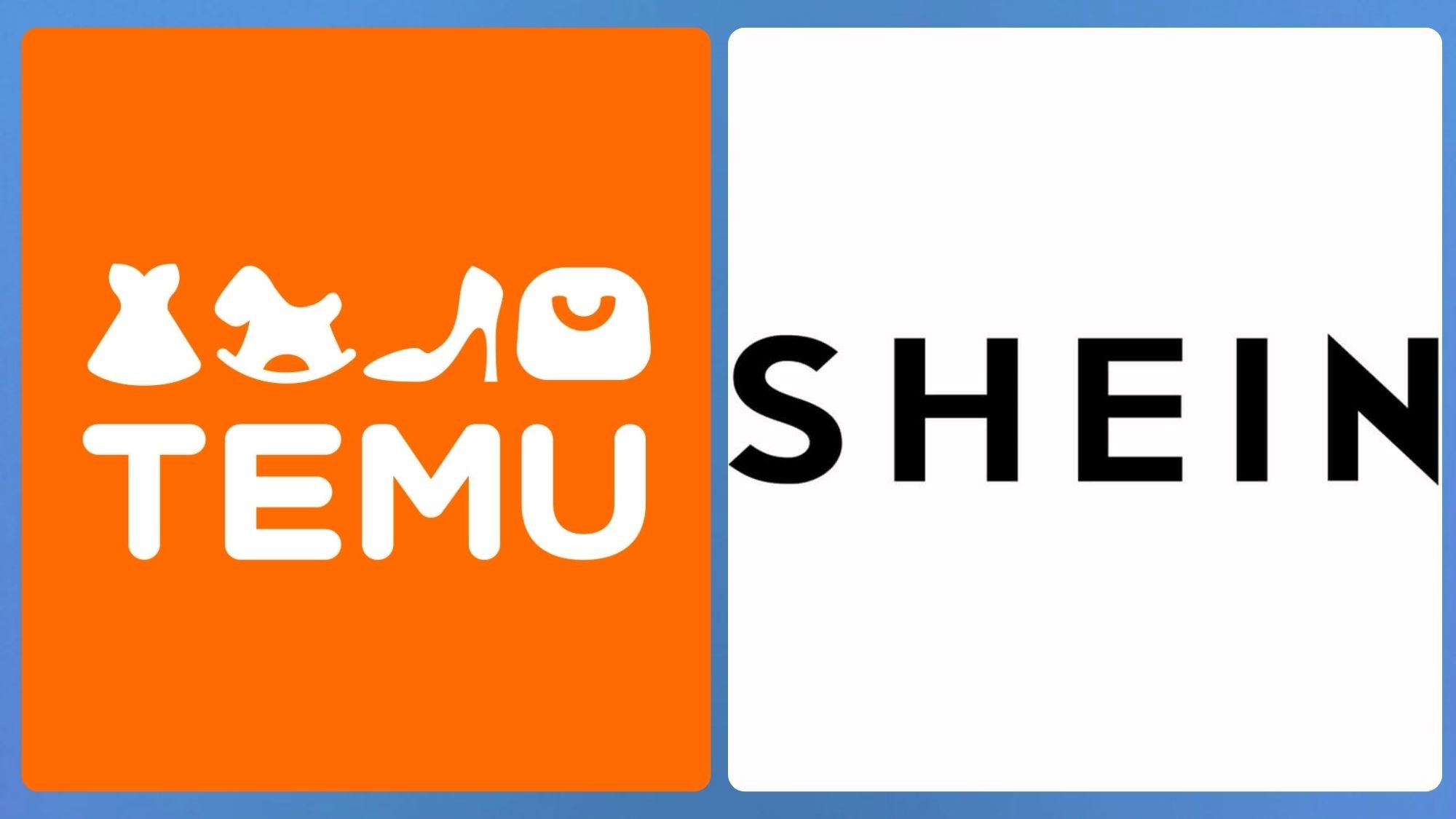 Side-by-side logos of e-commerce platforms Temu (orange background with white icons and text) and Shein (white background with black text), representing the two fast-fashion and online retail competitors.