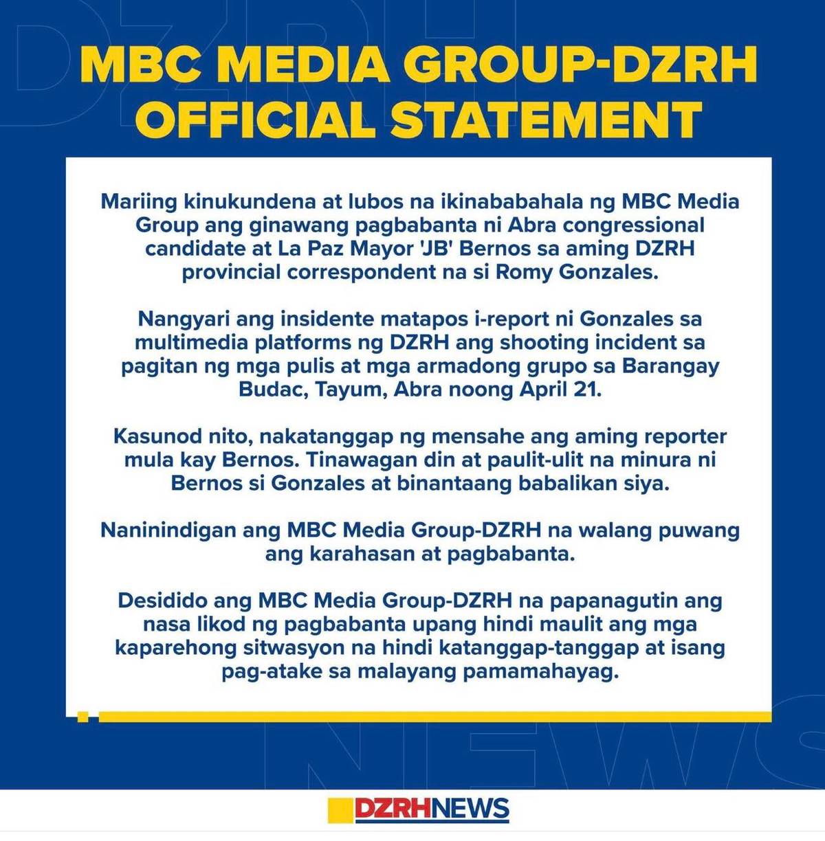 A graphic statement from MBC Media Group-DZRH condemning alleged threats by La Paz, Abra Mayor JB Bernos against provincial correspondent Romy Gonzales, following a report on a police shooting incident in Tayum, Abra.