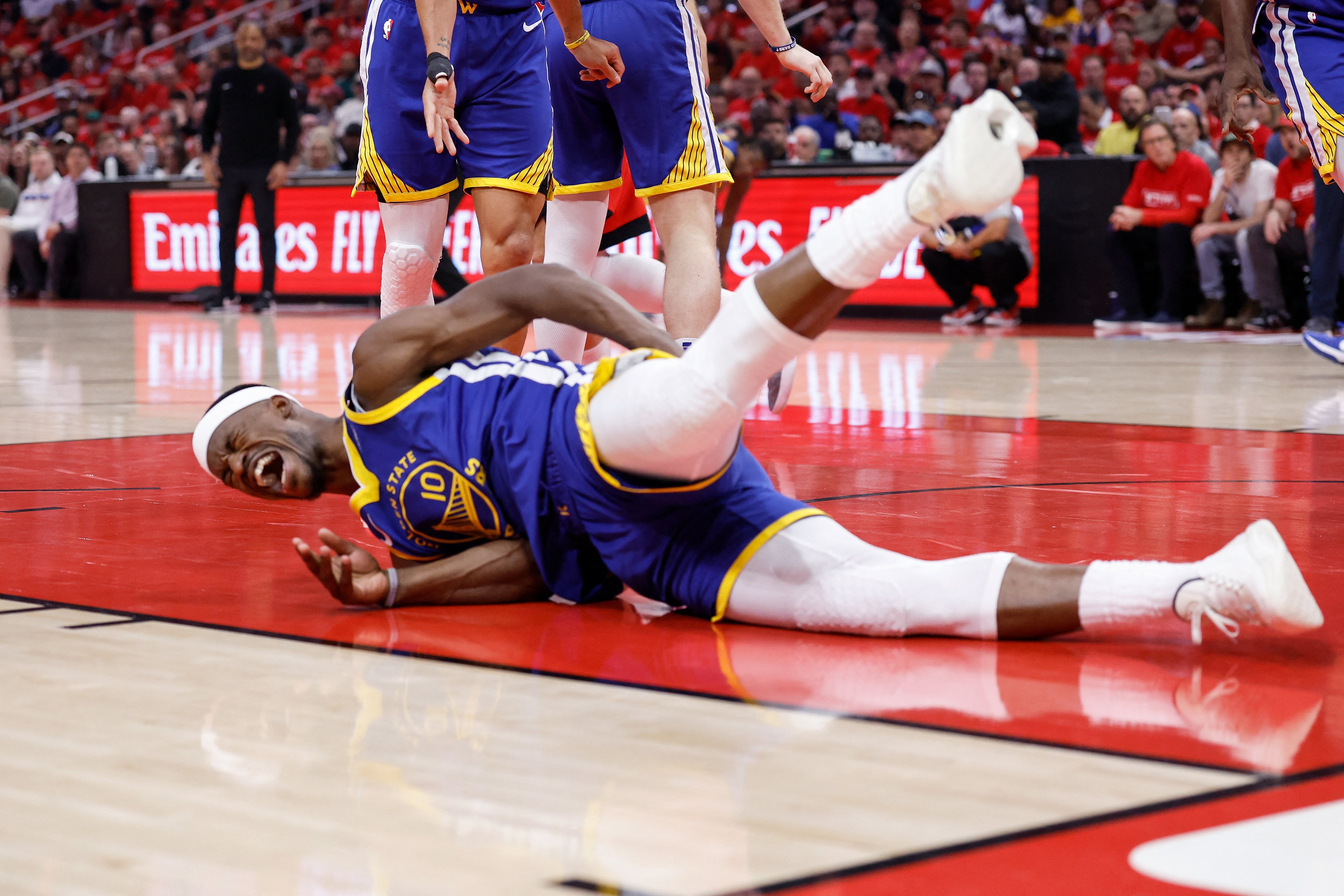 Jimmy Butler of the Golden State Warriors suffers a hard fall during Game 2 of their NBA Western Conference playoff series against the Houston Rockets.