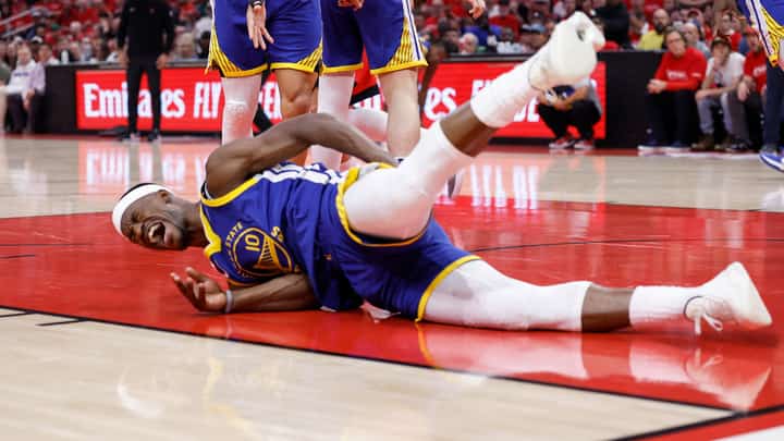 Jimmy Butler of the Golden State Warriors suffers a hard fall during Game 2 of their NBA Western Conference playoff series against the Houston Rockets.