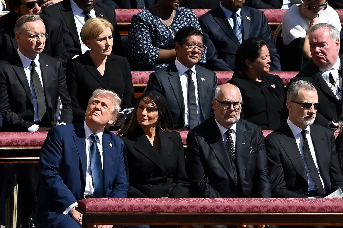US President Donald Trump, First Lady Melania Trump, Estonia's President Alar Karis, Spain's King Felipe VI, Poland's President Andrzej Duda and wife Agata Kornhauser-Duda, and Philippine President Ferdinand Marcos Jr. with First Lady Liza Araneta Marcos attend the funeral ceremony for Pope Francis at St. Peter's Square in Vatican City on 26 April 2025.