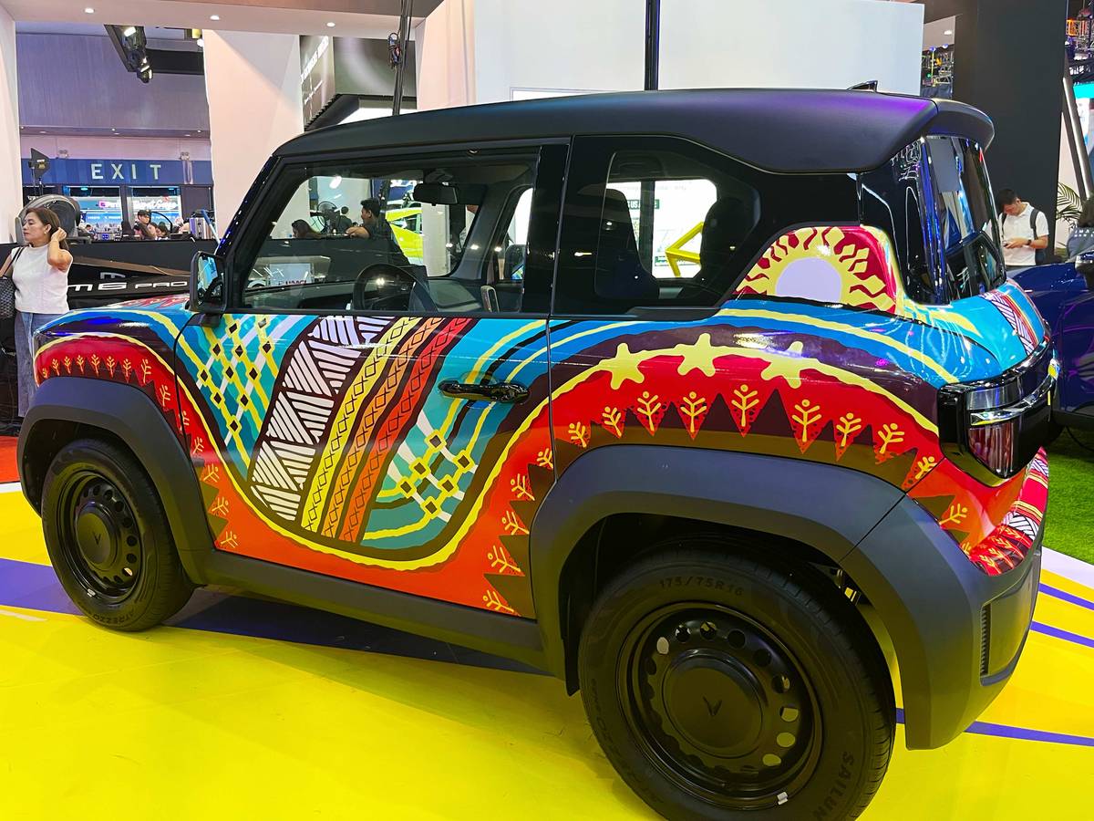 ‘LAKBAY’ design by Warren Trinidad wraps the VinFast VF 3 in bold colors and patterns inspired by Filipino culture and travel.