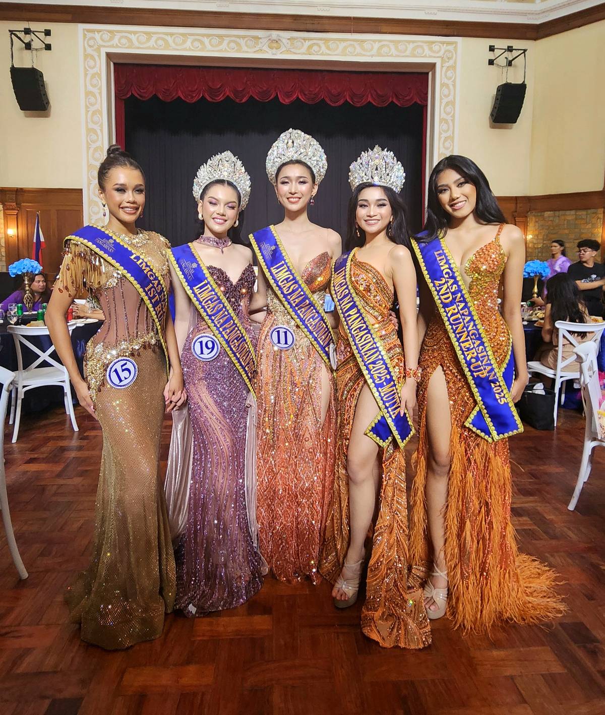 Limgas na Pangasinan 2025 winners: (from left) first runner-up Alannis Sophia Melarne Hodge of Sual; Limgas na Pangasinan Grand Angelica Joy Flores of Santa Barbara; Limgas na Pangasinan World Felicity Mamplata of Lingayen; Limgas na Pangasinan Mutya Clare Arwen Cacal of Calasiao; and second runner-up Liannah Jermayne Mangosong of Asingan.