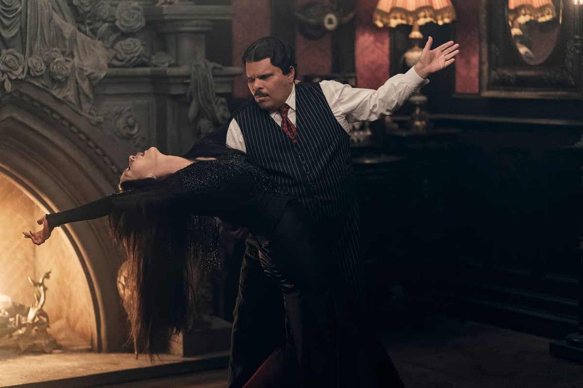 Gomez Addams passionately dips Morticia Addams during a dramatic dance in 'Wednesday' season 2.