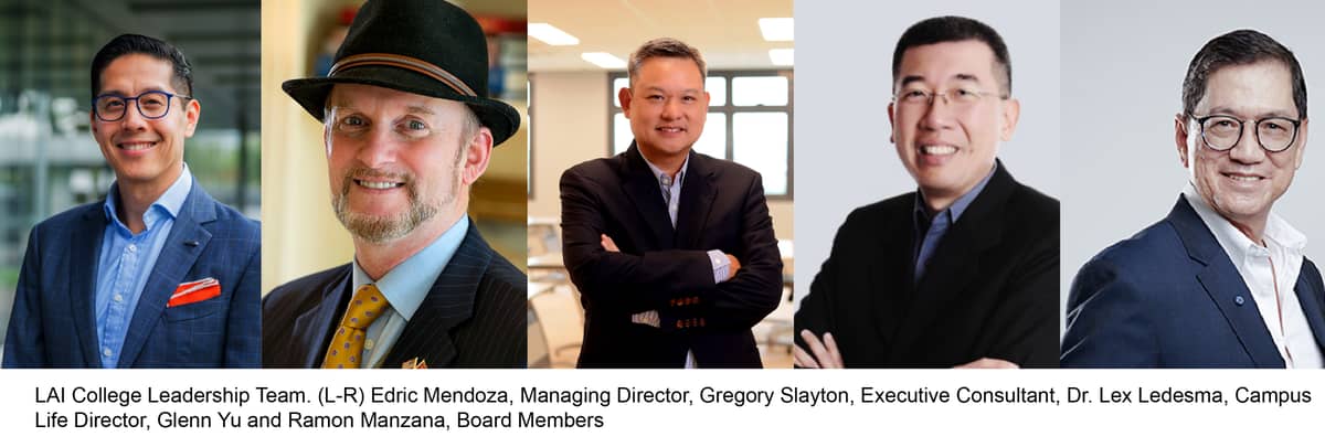 LAIC Leadership Team. (L-R) Edric Mendoza, Managing Director, Gregory Slayton, Executive Consultant, Dr. Lex Ledesma, Campus Life Director, Glenn Yu and Ramon Manzana, Board Members