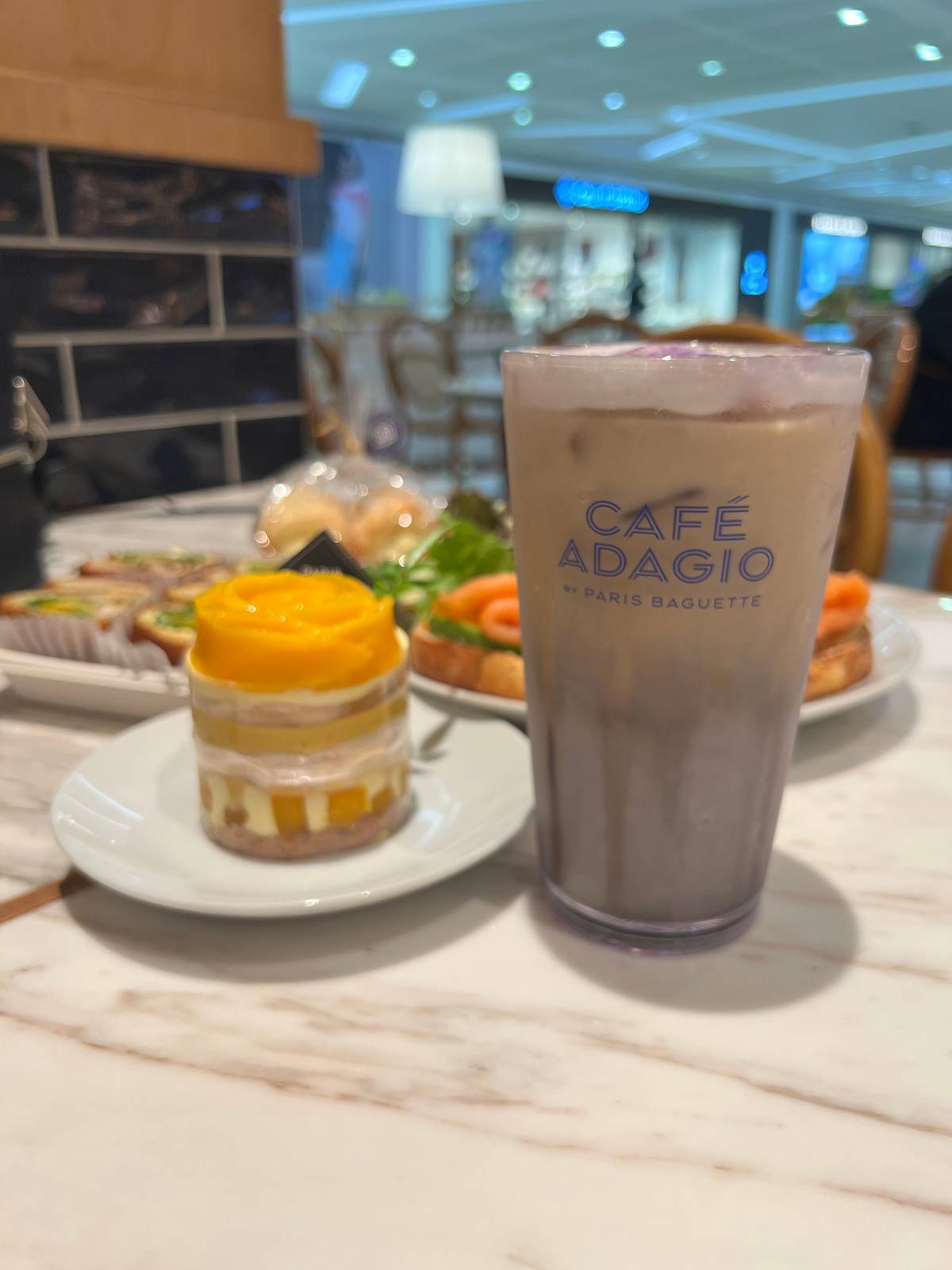 Ube Latte and Mango Cake.