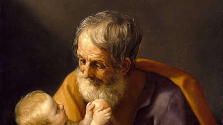 Guido Reni’s painting Saint Joseph and the Christ Child portrays a tender moment between Jesus and His earthly guardian, capturing the humility and protective care of St. Joseph.