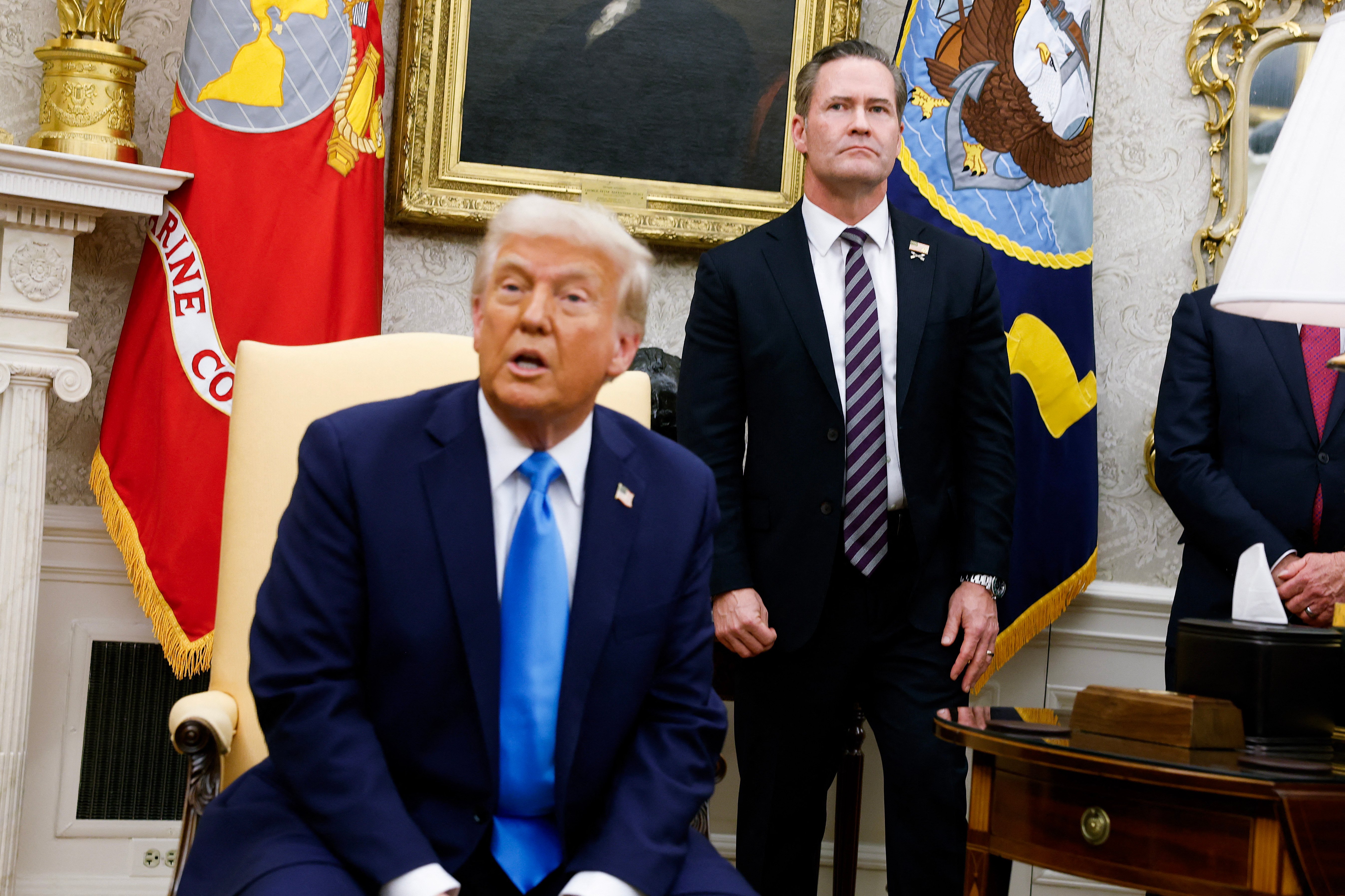 [FILES] WASHINGTON, DC - U.S. President Donald Trump, accompanied by U.S. National Security Adviser Michael Waltz (R), speaks during a meeting with Israeli Prime Minister Benjamin Netanyahu in the Oval Office of the White House on 4 February 2025 in Washington, DC. Netanyahu is the first foreign leader to visit Trump since he returned to the White House last month.