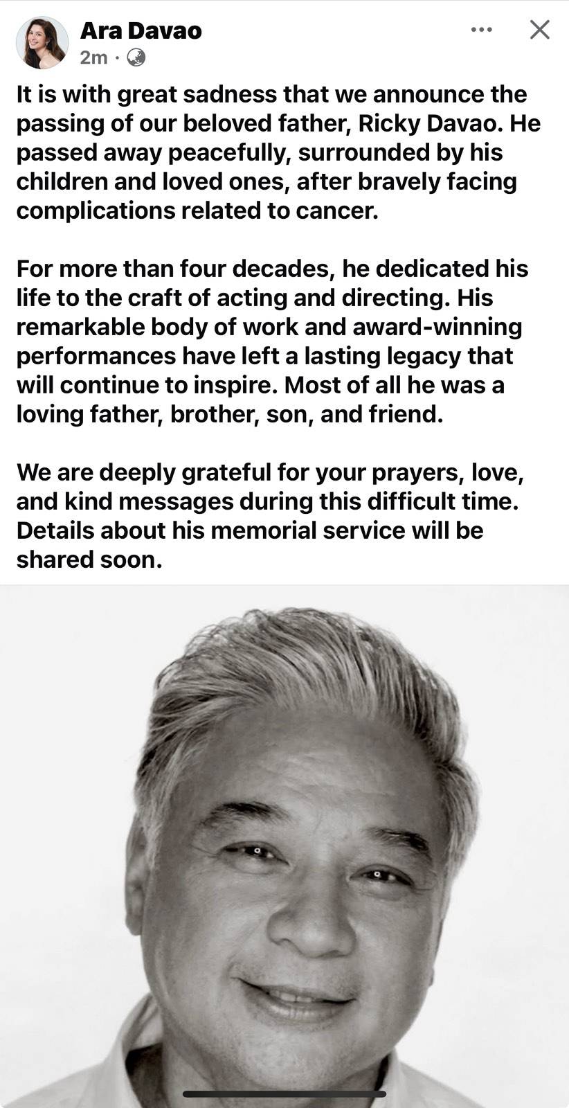 Ara Davao's emotional tribute to her father, the late Ricky Davao.