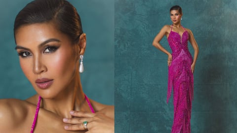 Winwyn Marquez stuns in a hot pink, beaded halter gown with a plunging neckline, her hair slicked back in an elegant updo as she poses confidently—her final pageant look following her Miss Universe Philippines 2025 placement.