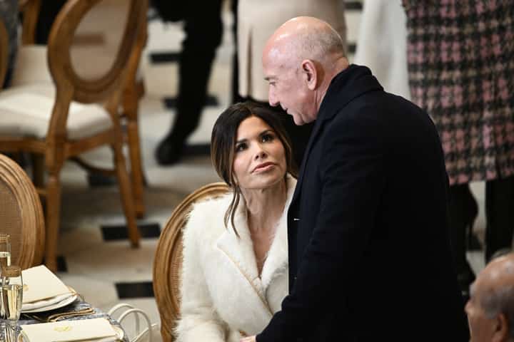 Executive Chairman of Amazon Jeff Bezos (R) and US author Lauren Sanchez attend the 11th Breakthrough Prize ceremony at Barker Hangar in Santa Monica, California, on 5 April 2025.
