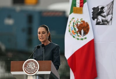 Mexican President Claudia Sheinbaum speaks at the opening of the Mexico 2025 Aerospace Fair at Santa Lucia Air Base near Mexico City on 22 April 2025. Sheinbaum recently revealed rejecting Trump’s proposal to send US troops to combat cartels.