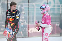 Max Verstappen of the Netherlands and Isack Hadjar of France in parc ferme during sprint qualifying ahead of the F1 Grand Prix of Miami.