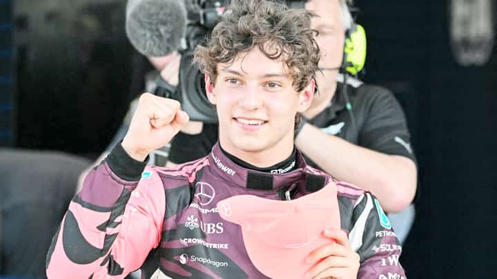 Andrea Kimi Antonelli gestures after winning the pole position during sprint qualifying for the 2025 Miami Formula One Grand Prix.