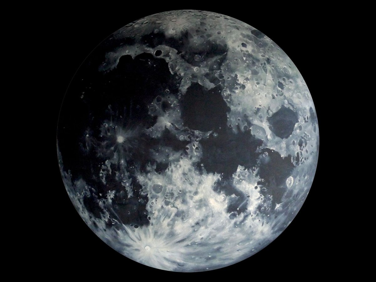 Veronica Peralejo, ‘There Is Water Where The Sun Never Shines,’  2016, Oil on canvas, 6 ft (diameter). Peralejo portrays a section of the Moon, presenting an imagined landscape.