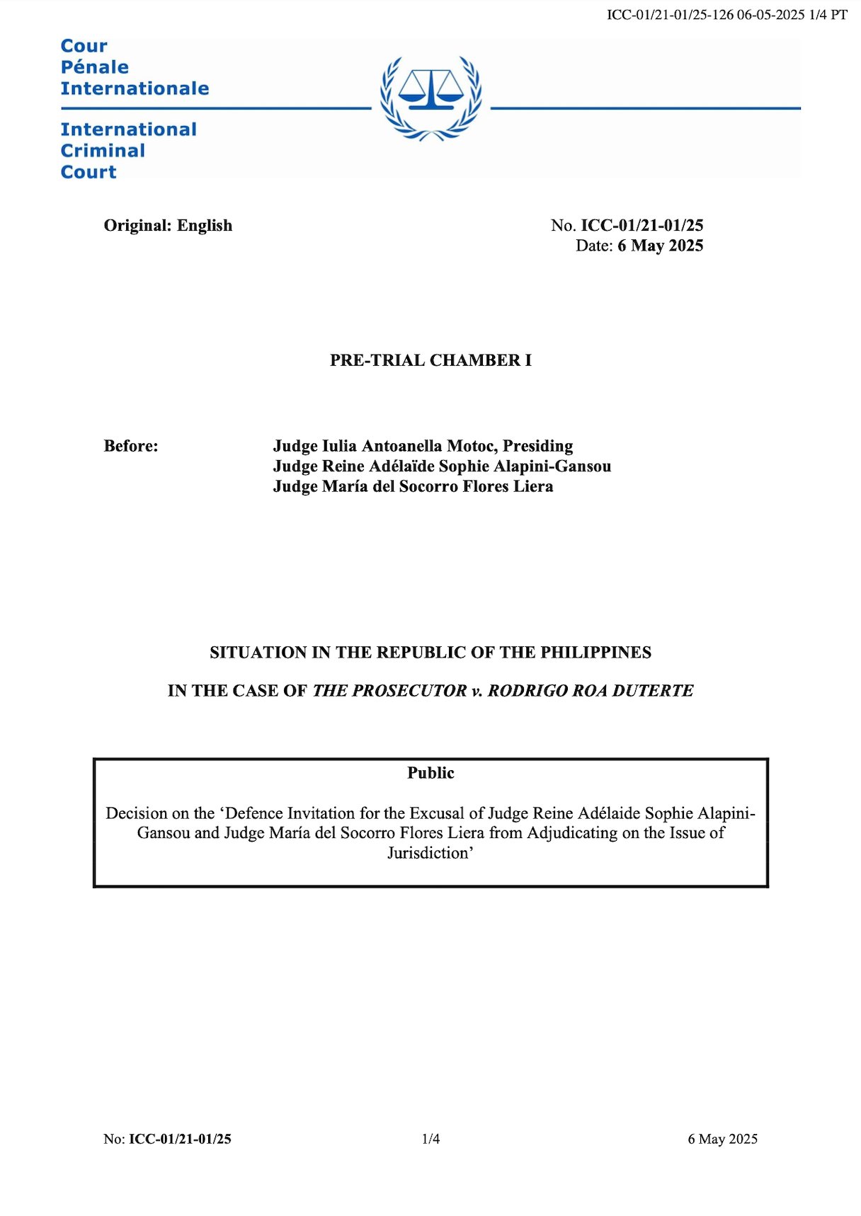 Screenshot of the first page of the ICC Pre-Trial Chamber decision dated 6 May 2025, titled “Decision on the Defence Invitation for the Excusal of Judge Reine Adélaide Sophie Alapini-Gansou and Judge María del Socorro Flores Liera.”