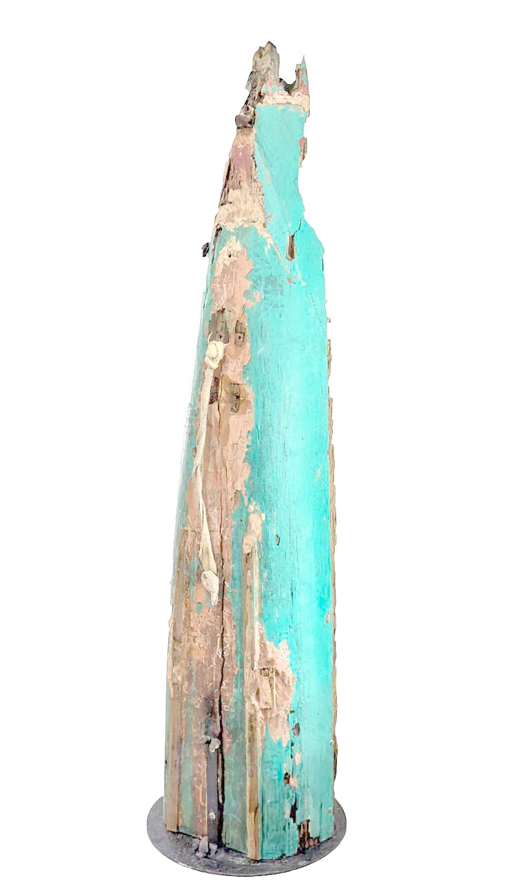 Pete Jimenez, ‘Tall Order 5,’ 2025, wood and steel, 7.5 x 2 x 2 ft (approx.). Jimenez has congregated canoe-like dugouts, chipped and blistered, punctured, primary implements of Filipino fisherfolks.