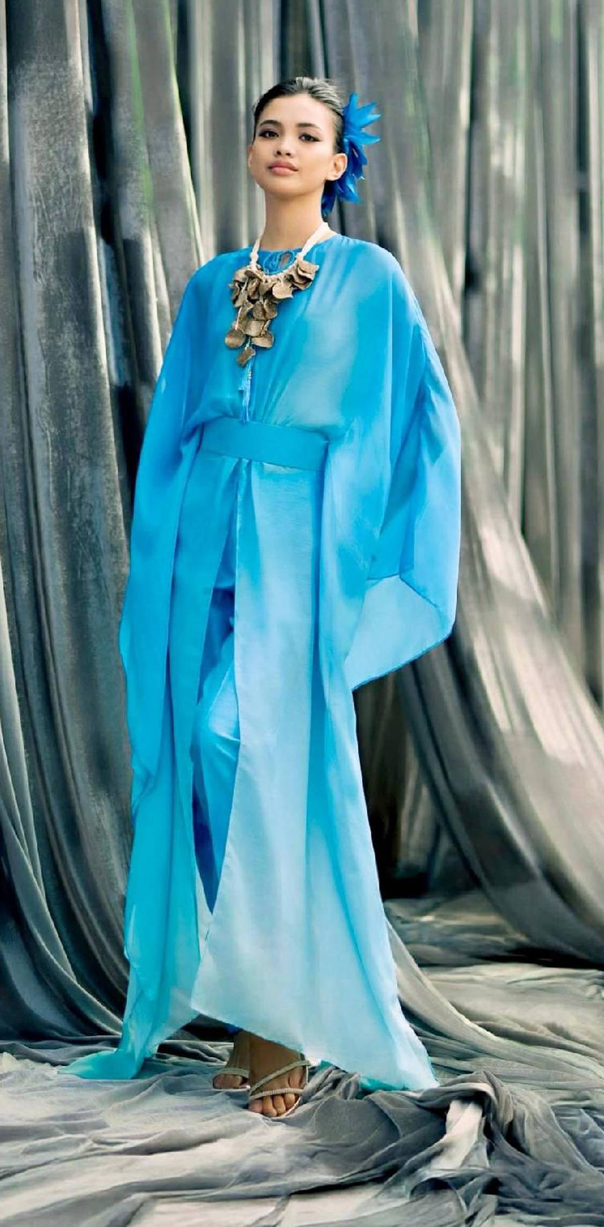 White lotus inspired kaftan in ombre aqua chiffon paired with Thai silk pants.