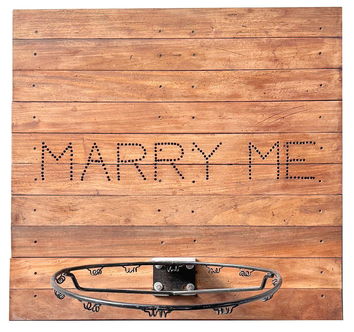 Juan Alcazaren, ‘Artist’s Proposal,’ 2018. Steel basketball ring with Swarovski crystal embedded, salvaged hardwood floors, 40 x 40 in. The work talks about the struggle to commit to one idea and consummate it.