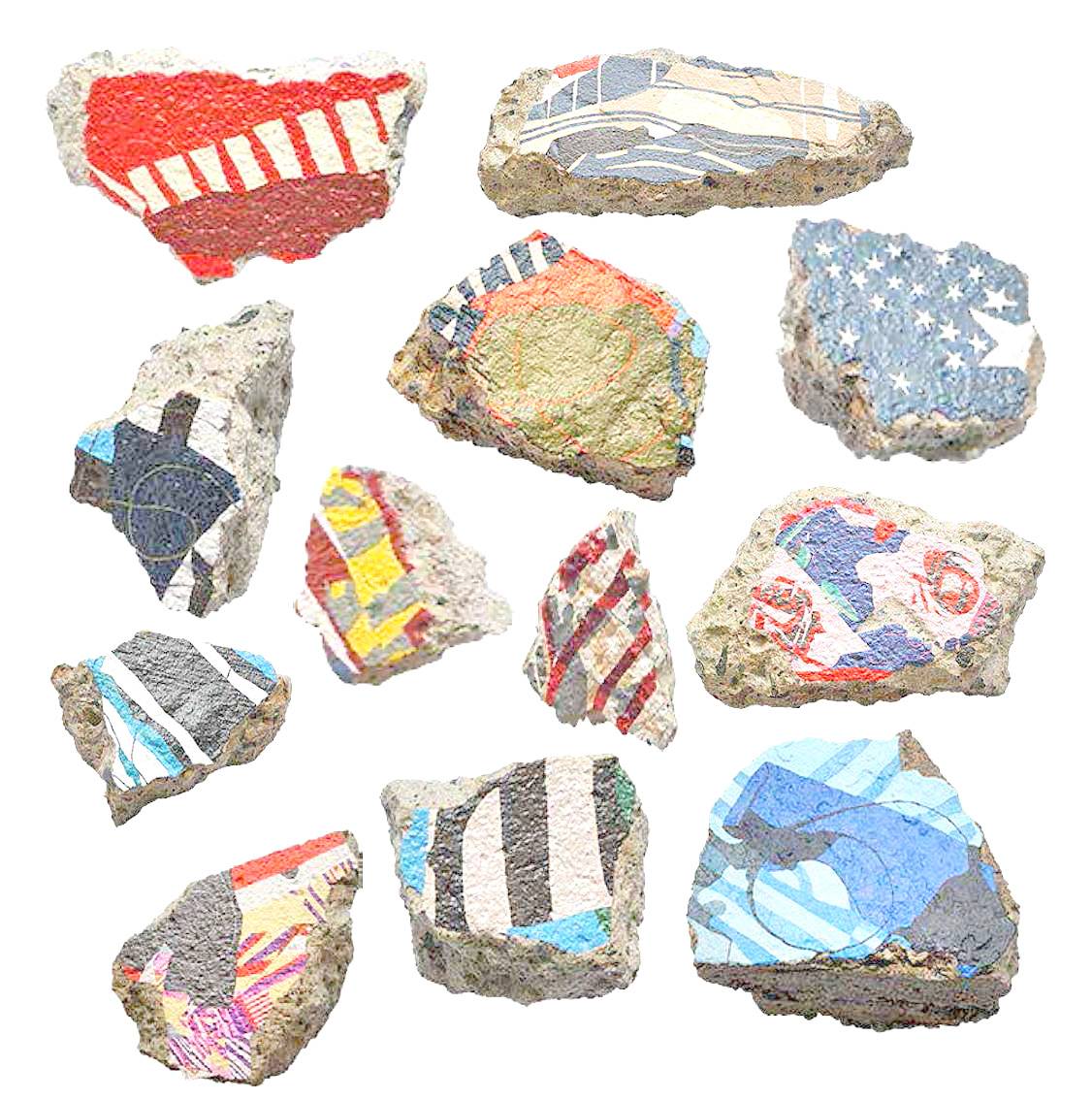 Poklong Anading, ‘fallen map 208-219,’  2024, Acrylic paint on concrete rubble, dimensions variable. Anading uses found concrete rubble, and renders patterns from ‘trapo’ or rag,using acrylic paint on the flat.