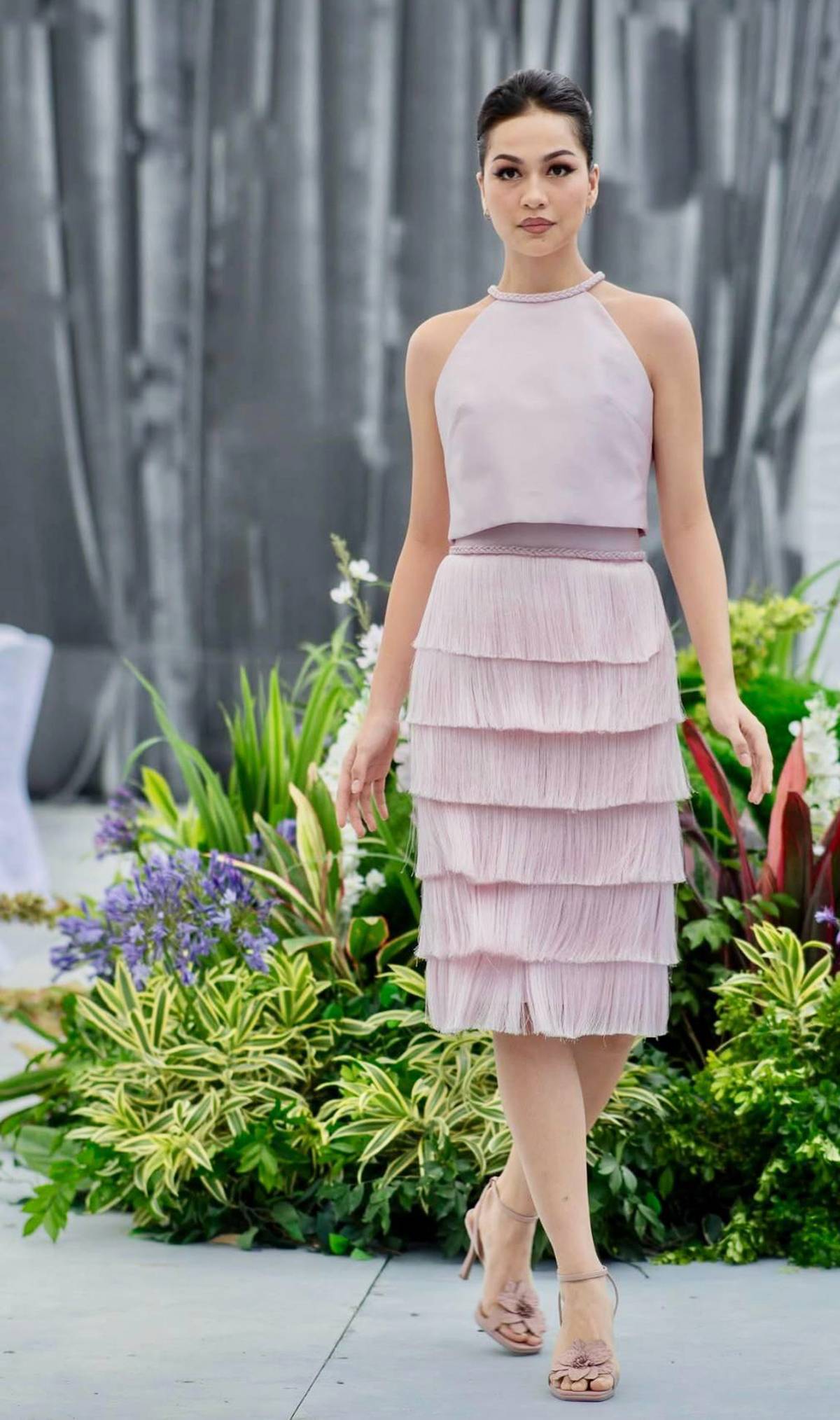 Halter top with multi tiered fringed skirt.