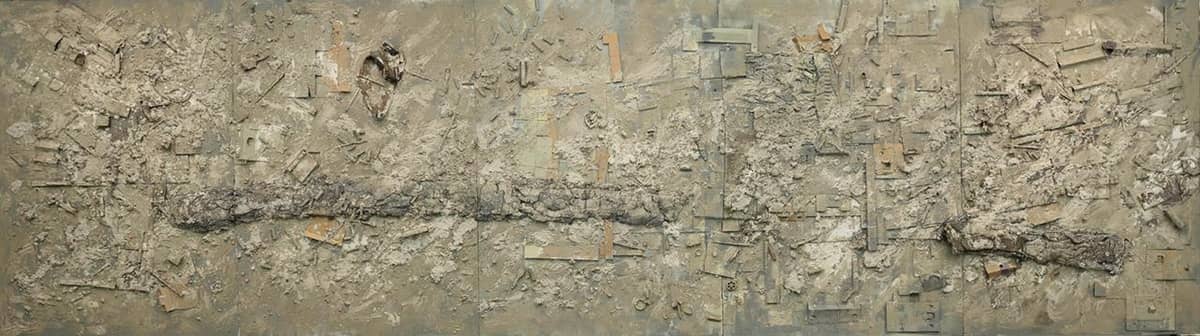 Bernardo Pacquing, ‘Lottery of birth,’  2023, assemblage, cement mix on panel board (5 panels), 102 x 72 x 6 in each The Lottery of Birth is an assemblage composed of five huge panels.