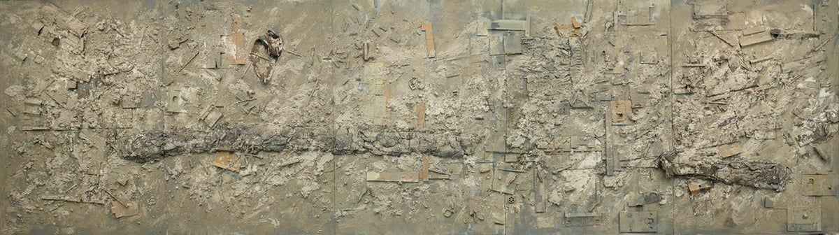Bernardo Pacquing, ‘Lottery of birth,’  2023, assemblage, cement mix on panel board (5 panels), 102 x 72 x 6 in each The Lottery of Birth is an assemblage composed of five huge panels.
