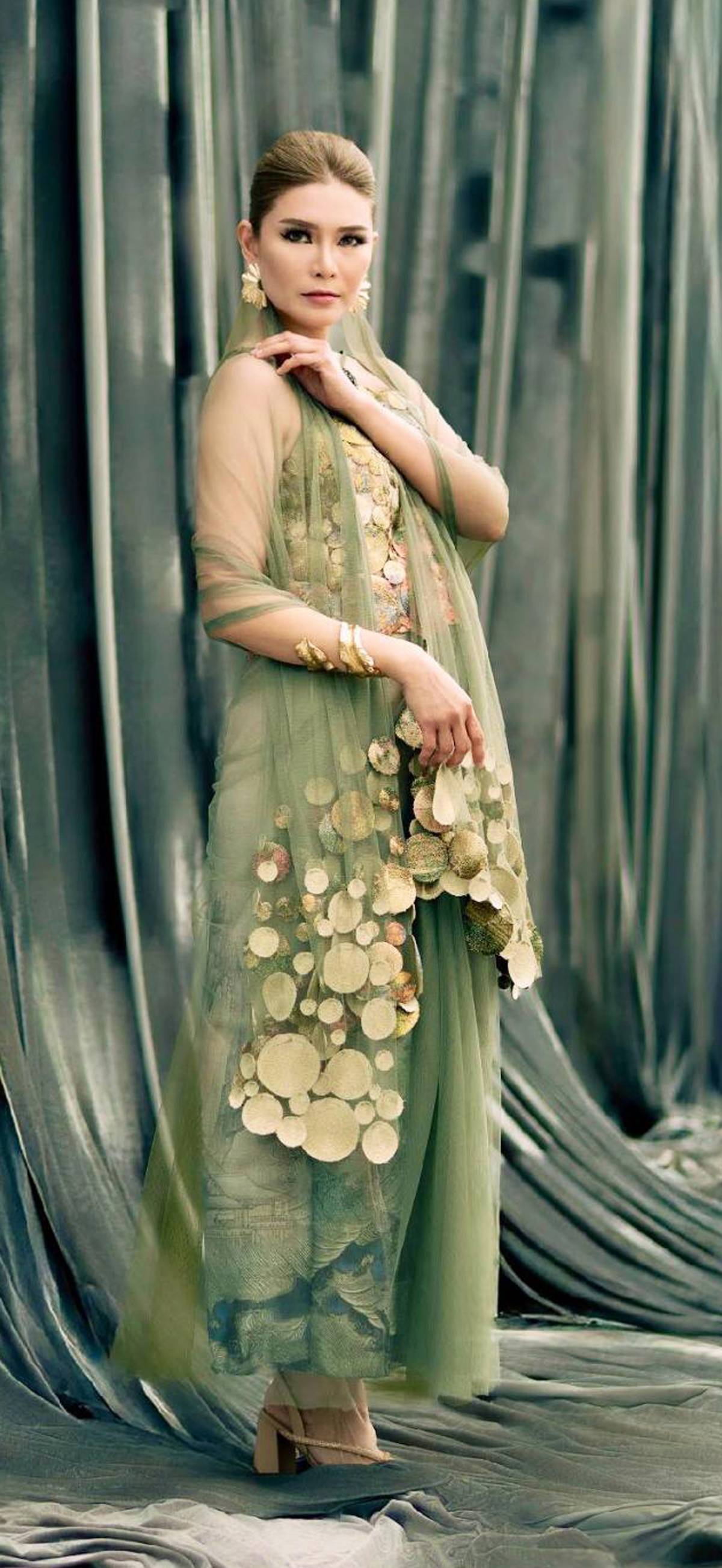 Orientala. White lotus inspired ensemble in watercolor koromandel print sheer skirt.