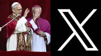 Split image showing newly elected Pope Leo XIV delivering his first blessing from the balcony of St. Peter’s Basilica, alongside the logo of X (formerly Twitter), referencing his past social media activity before becoming pope.