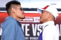 Filipino challenger Charly Suarez (right) and Mexican defending WBO super-featherweight champion Emanuel Navarrete size each other up ahead of their title clash this Saturday (Sunday in Manila) in San Diego, California.