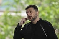 Ukrainian President Volodymyr Zelensky attends a press conference after meeting EU leaders in Kyiv.