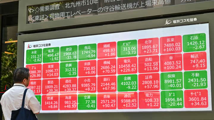 Searching for clues Electronic board showing share prices on the Tokyo Stock Exchange along a street in central Tokyo. Asian equities, catching up with big advances Monday on Wall Street, saw further rallies Tuesday, although Hong Kong dropped nearly two percent on profit-taking.
