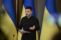 Ukrainian President Volodymyr Zelensky speaks during a press conference in Kyiv on 13 May 2025, calling for strong U.S. sanctions if Russian President Vladimir Putin declines to meet in Turkey for ceasefire talks amid the ongoing war.