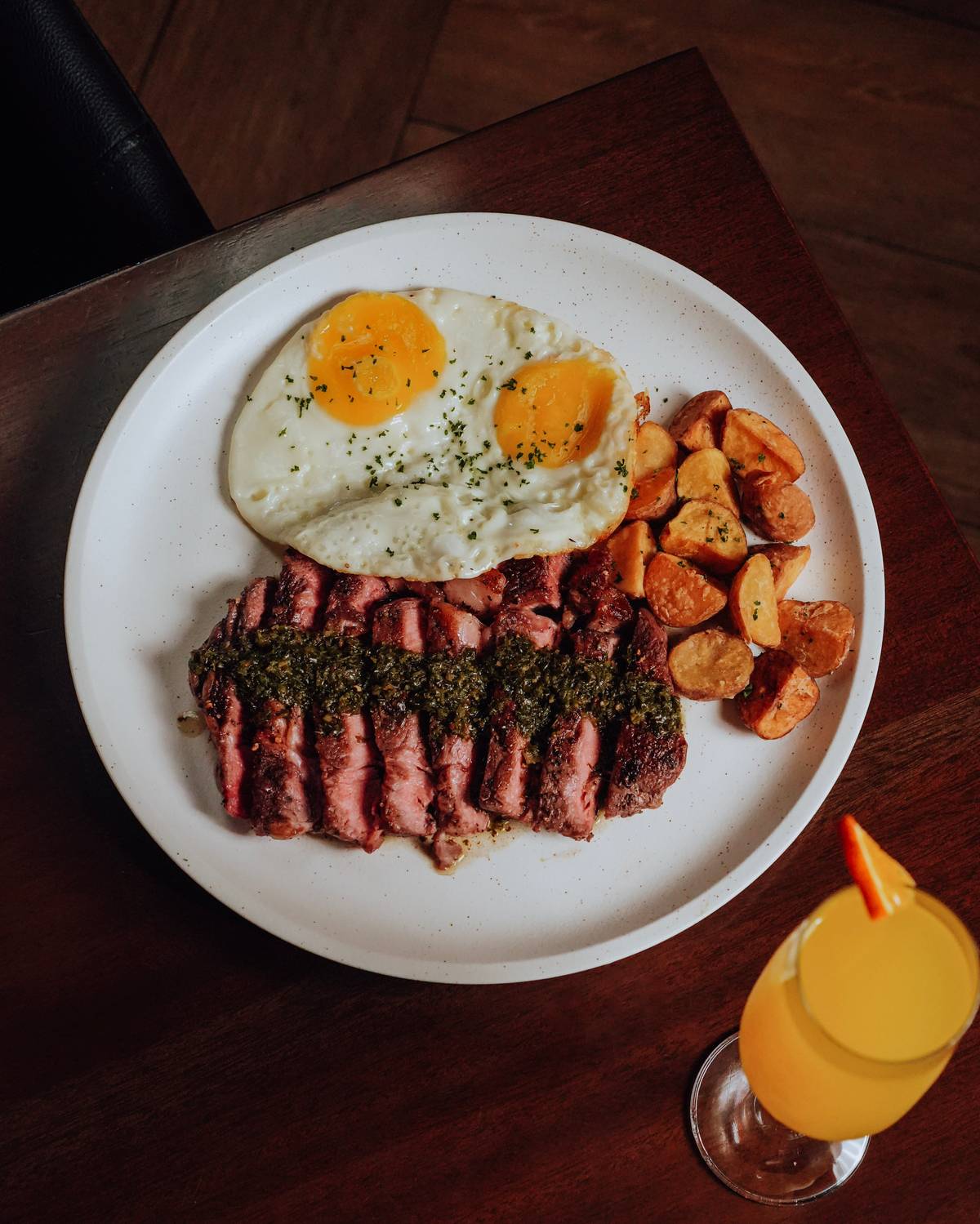 Steak and eggs.