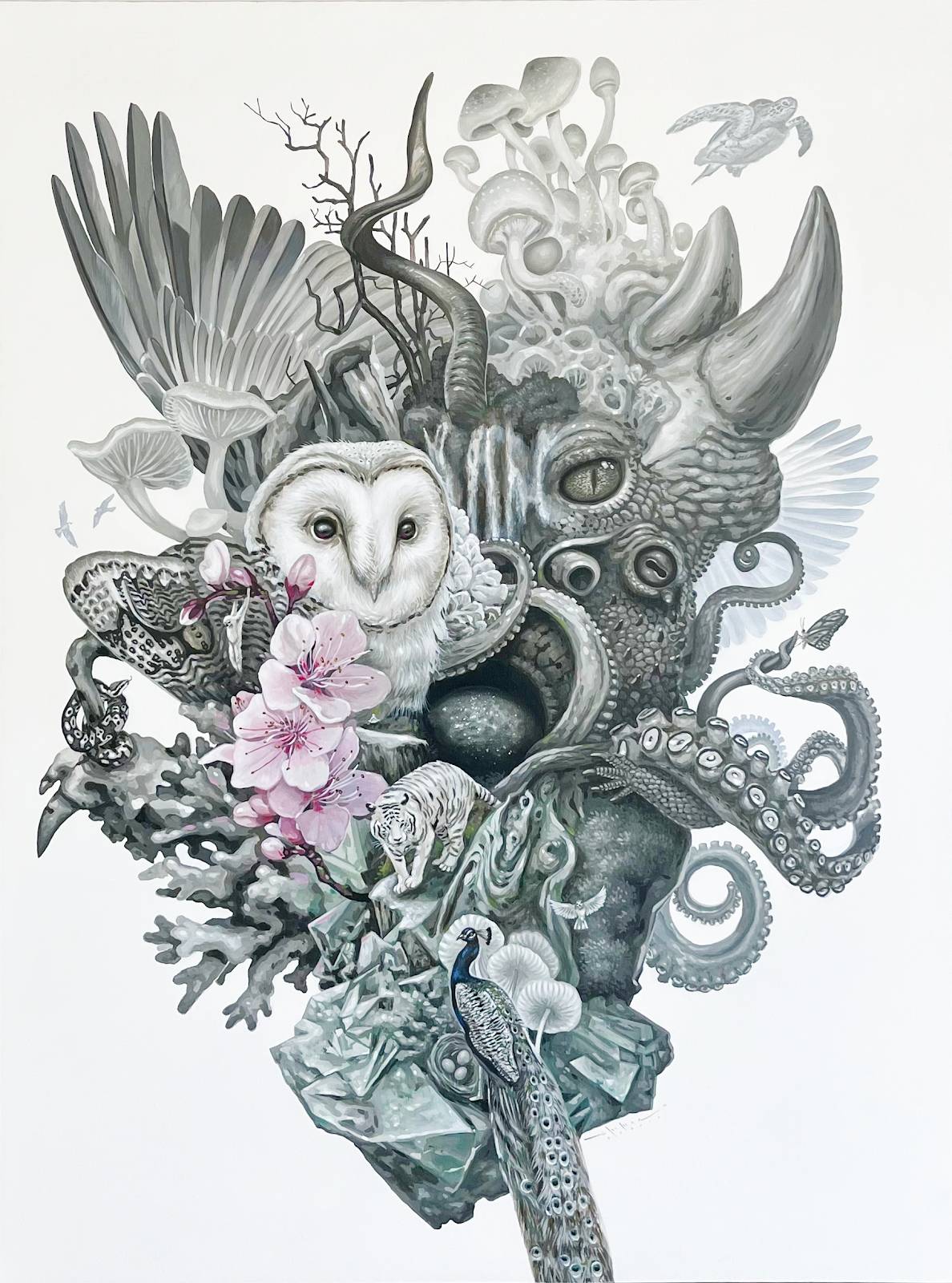 ‘The Owl and the Octopus’ (acrylic on canvas, 48 by 36 inches, 2025) by Emman Acasio.